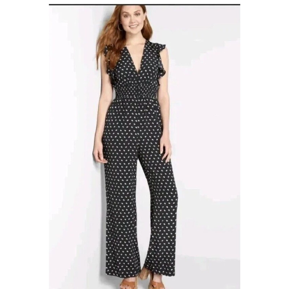 MODCLOTH 1X Black Paisley Fit To Party Wide Leg Jumpsuit Black Ruffle Smocked‎